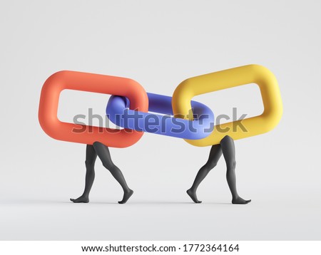 3d render. Abstract colorful chain links with mannequin legs connected together. Partnership metaphor. Family relations social role play. Minimal clip art isolated on white background