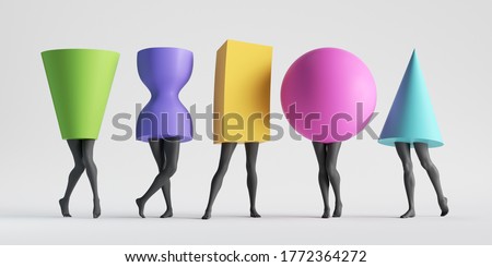 3d render, abstract female body type. Colorful geometric shapes with black legs isolated on white background. Minimal modern fashion clip art