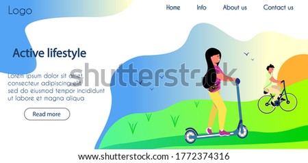 
Landing page with people on electric scooters in the park, template for web site, advertising banner about healthy active lifestyle, vector illustration in flat style