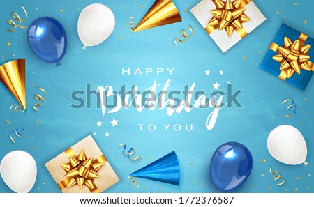 Lettering Happy Birthday on blue background with holiday balloons, party hat, realistic gifts with golden bows and balloons. Illustration can be used for holiday design, posters, cards, banners. Royalty-Free Stock Photo #1772376587