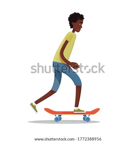 African American ethnicity teenage boy in shorts and  t-shirt rides a red skateboard. The legs are bent at the knees, the body is tilted forward. Vector flat design illustration with noises. 