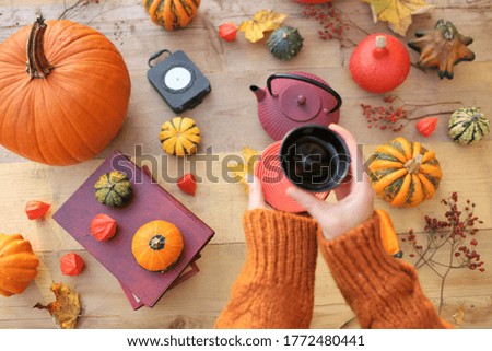  Thanksgiving holiday.Autumn tea party . Autumn mood. tea cup in hands on a wooden table with pumpkins, physalis, teapot and clock background.October and November. Symbols of autumn. 