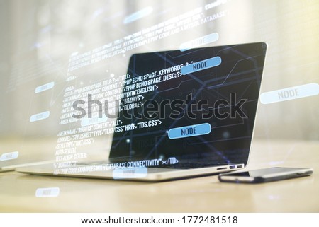 Double exposure of abstract creative programming illustration on computer background, big data and blockchain concept