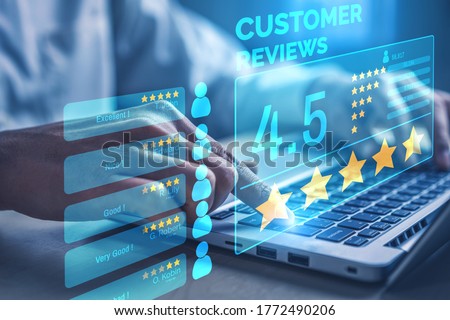 Customer review satisfaction feedback survey concept. User give rating to service experience on online application. Customer can evaluate quality of service leading to reputation ranking of business. Royalty-Free Stock Photo #1772490206
