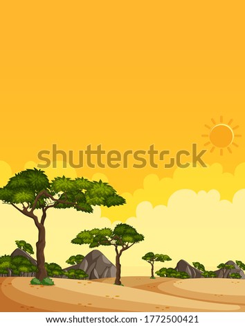 Vertical nature scene or landscape countryside with forest view and yellow sunset sky view illustration