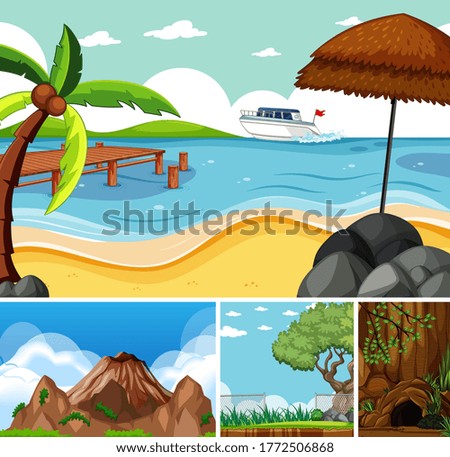 Four different scenes in nature setting cartoon style illustration