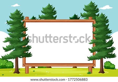 Blank wooden frame with pines in park scene illustration