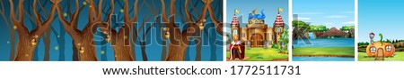 Four different scene of nature fantasy world. Forest at night scene. King with castle. Water fall scene. Pumpkin house illustration
