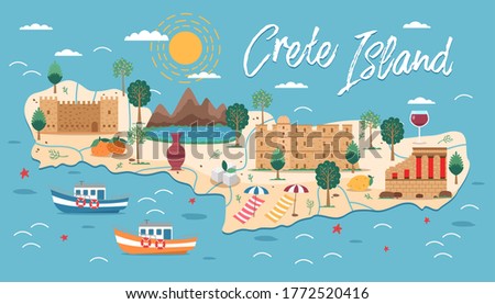 Crete island map with architecture illustration. Crete famous landmarks, city sights. Greece beach landscape. Bay of Chania, Heraklion. Greece Knossos Palace ceremonial and political centre of Minoan Royalty-Free Stock Photo #1772520416