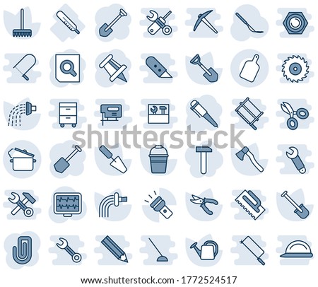 Blue tint and shade editable vector line icon set - document search vector, pen, drawing pin, job, trowel, shovel, rake, watering can, bucket, pruner, axe, monitor pulse, scalpel, thermometer, torch