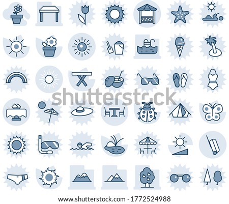Blue tint and shade editable vector line icon set - cafe vector, sun, suitcase, flower in pot, butterfly, lady bug, pond, picnic table, brightness, pool, fruit tree, mountains, restaurant, alcove