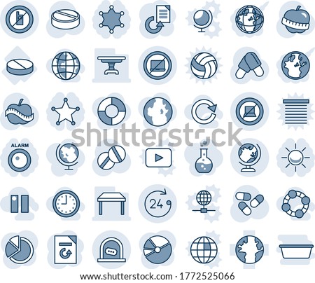 Blue tint and shade editable vector line icon set - no laptop vector, ticket office, globe, 24 hours, mobile sign, computer, document reload, pills, diet, pill, earth, pie graph, table, friends