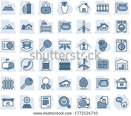 Blue tint and shade editable vector line icon set - house vector, real heart, contract, with garage, tree, sun panel, windmill, fruit, mountains, warehouse, fence, plan, estate document, sale, rooms