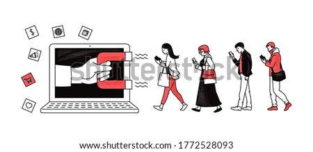 Inbound marketing with magnet attracting people, sketch outline vector illustration isolated on white background. Promotion in social networks and customer acquisition. Royalty-Free Stock Photo #1772528093