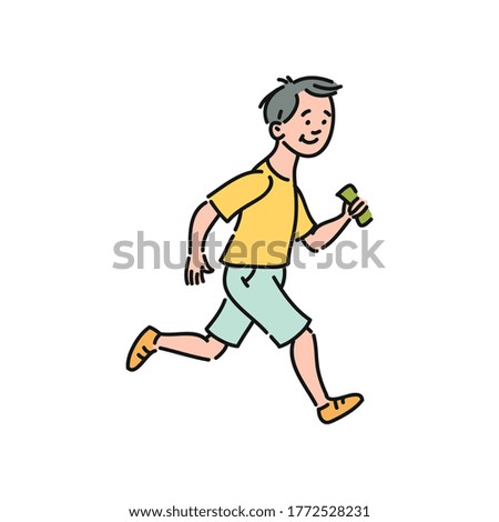 Running boy cartoon character vector illustration in sketch style isolated on white background. Smiling little child hurrying up to candy shop with money in hands.