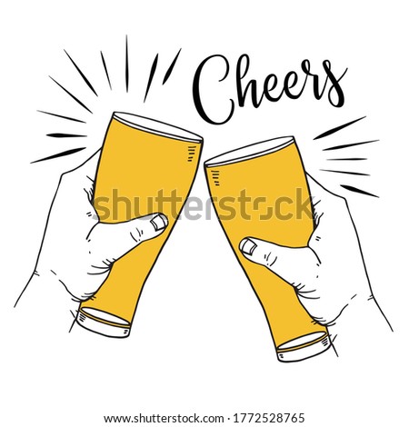 Two hands with glasses of beer and title Cheers. Hand drawn outline vector sketch colorful illustration