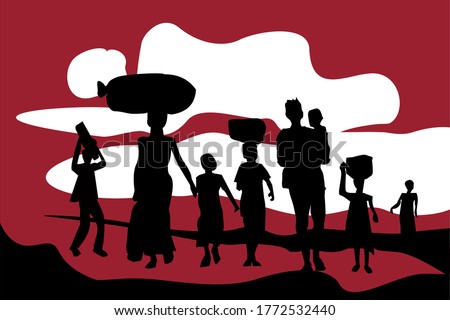 Silhouette of exodus of economically backward people carrying their luggages and kids. Royalty-Free Stock Photo #1772532440