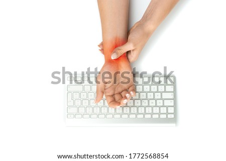 Median nerve. Carpal tunnel in hand pain. Woman injury wrist. Arthritis office syndrome is consequence of computer. Causes of hurt include fractures, arthritis or trigger finger. Royalty-Free Stock Photo #1772568854