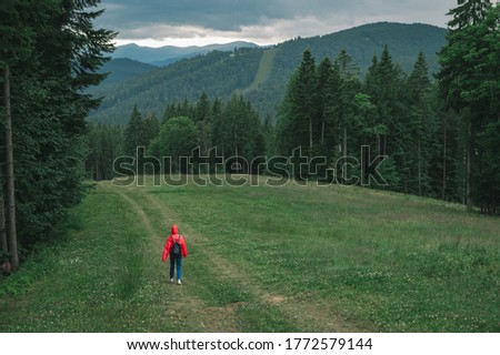 Minimalistic photo, back view on tourist woman in red raincoat walking on path, mountain chain on background. Greenery landscape, full-length picture of traveler girl, strolling among the mountains.
