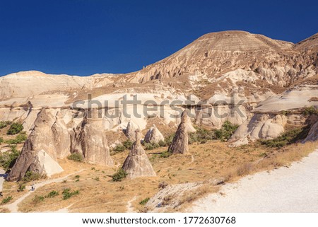 This is the Summer landscape of Cappadocia in Turkey.
Blue sky and dynamic huge stones make magnificent scenery.