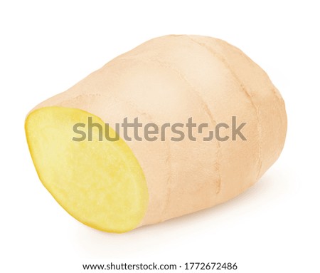 Piece of fresh ginger isolated on a white background. Clip art image for package design.