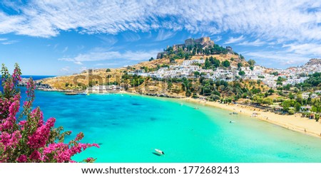 Landscape with beach and castle at Lindos village of  Rhodes, Greece Royalty-Free Stock Photo #1772682413