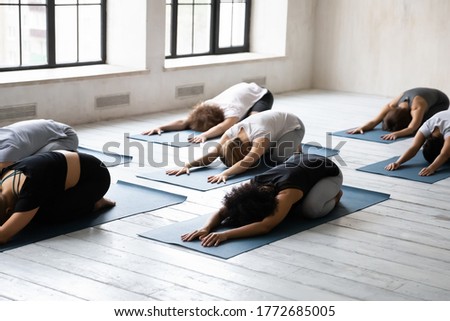 Side view multiracial young fit diverse people lying on floor mat in balasana position, enjoying restorative child pose together at group morning class in modern yoga club interior, relieving muscles. Royalty-Free Stock Photo #1772685005