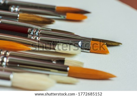 Brushes for the artist. Art brushes lie on the canvas. Close up. Selective focus. High quality photo