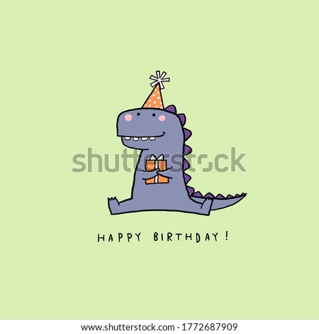 Hand drawn birthday card with cartoon little cute dinosaur holding the gift box. Vector illustration for poster or print decoration.