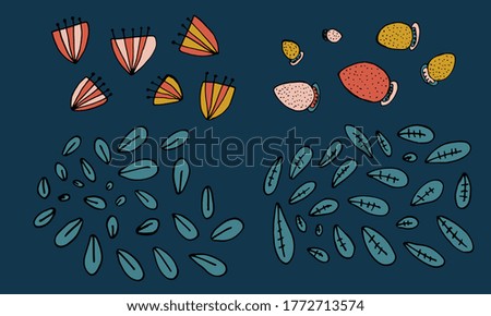 Collection of hand drawn flowers heads and leaves. Doodle illustration. Simple floral elements isolated on dark green background