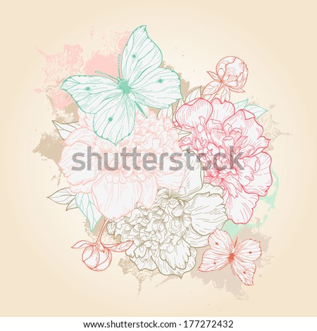 Vector hand drawn illustration with peony and butterfly.