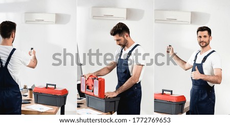 collage of repairman opening toolbox, holding air conditioner remote controller and showing thumb up, horizontal image