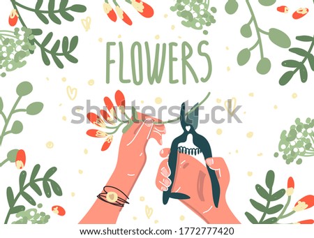 Florist accessories on an isolated background. Bouquet in hand, cutting flowers, scissors, pruning shears, floral ribbon. Wedding bouquet. Background for the site of colors. Stickers, postcard. Vector