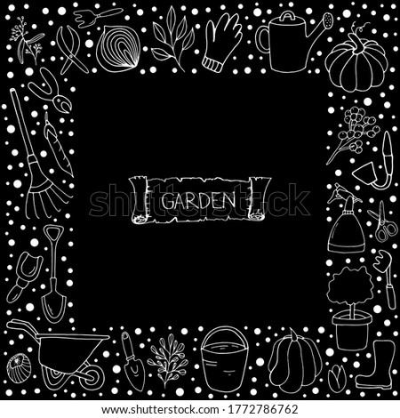 Garden. Garden elements.Vector isolated illustration with a shovel, bucket, rake, plant, cart, scissors, vegetables on a black background. Separate elements for gardening. Doodle style. 