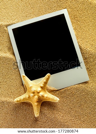 Summer like vintage style empty photo card is lying on a sea sand decorated with starfish. Sunny summer background. Space for your text.