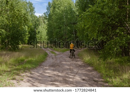 Healthy lifestyle - a cyclist rides a bicycle on a trail in a beautiful summer forest. Reunion with nature. Digital detox.