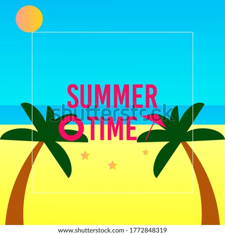 Summer time  with coconut tree, sea and blue background - Vector Illustration