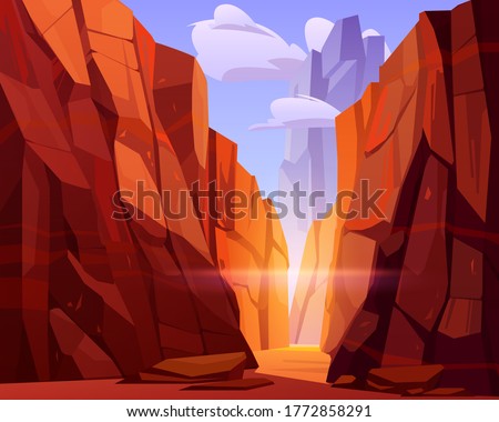Desert road in canyon with red mountains. Vector cartoon landscape of nature park, ground road in gorge with stone cliffs and rocks. Grand canyon national park in Arizona Royalty-Free Stock Photo #1772858291