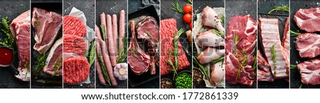 Photo collage. Set of raw meat on a black background. Top view.