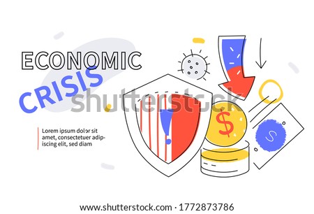 Economic crisis - colorful flat design style web banner with line elements and place for text. An illustration with a shield, coins, arrow showing down, virus. Financial recession after pandemic idea