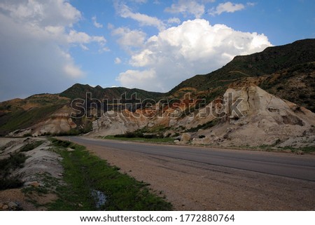 Spring mountains road view near Toktogul, Kyrgyzstan