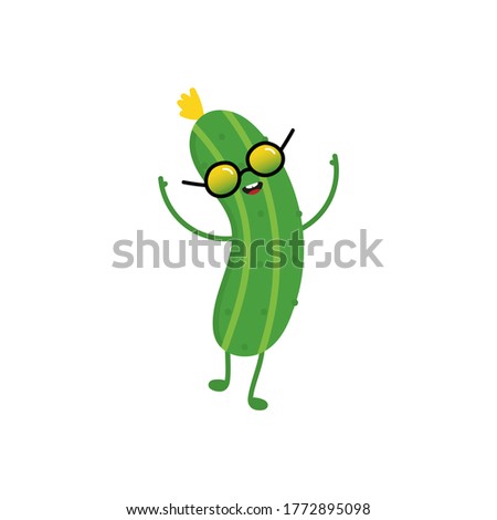 Cute vector cucumber cartoon character in cool sunglasses smiling, dancing, having fun.
