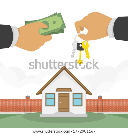 Buying a house concept. Real estate and Home for Sale illustration in flat design. The hand of a realtor holds out a key to the house, and the buyer or lessee gives money.
