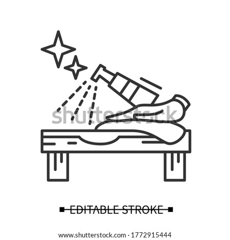 Surface disinfection icon.Tabletop cleaning with antibacterial spray line pictogram. Covid infection preventive measure, hygiene and cafe reopening after lockdown . Editable stroke vector illustration