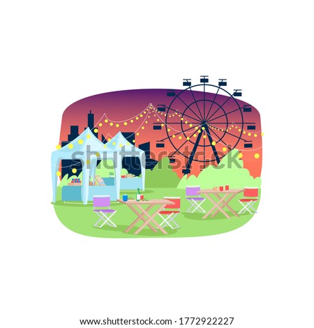 Summer funfair semi flat vector illustration. Tables and food selling tents near ferris wheel 2D cartoon landscape for commercial use. Evening street festival. Amusement park recreation