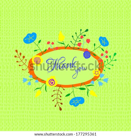 Card with flowers and the words thank you. Doodle vector illustration.