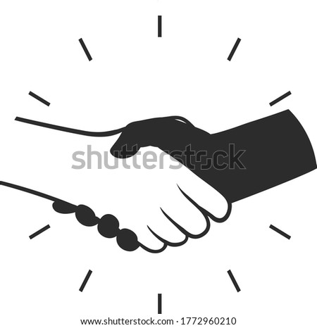 Black and white handshake sign vector logo template. Isolated sketch object. Flat vector illustration.