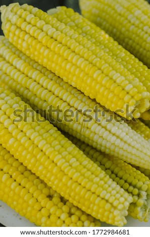 Steamed sweet corn on wooden dark table