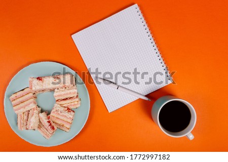 the cake with a cup of coffee, morning notes