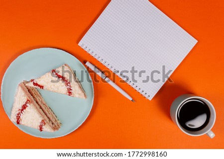 the cake with a cup of coffee, morning notes
